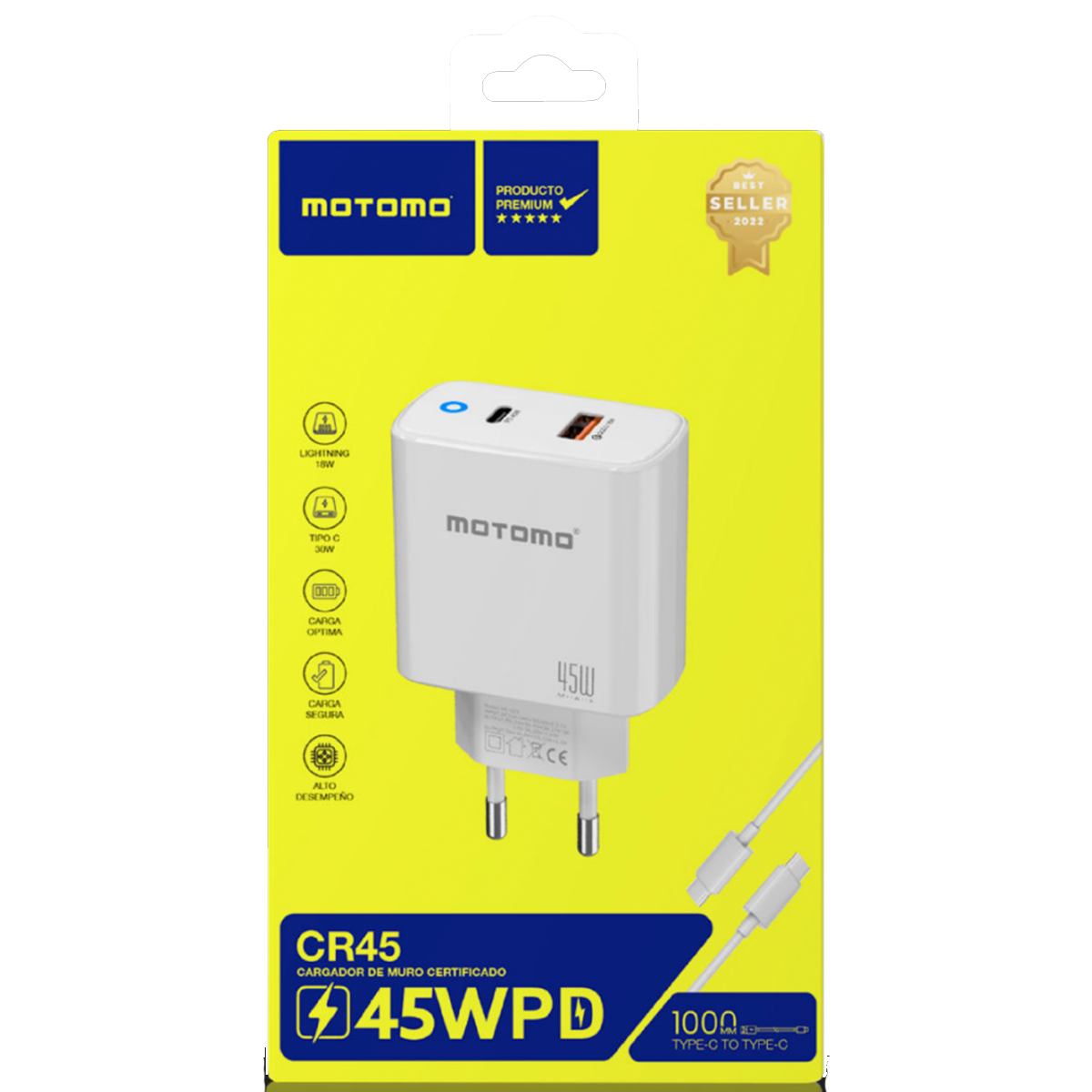 Cargador Rápido Motomo Cr45 Qc+Pd 45w + Cable Lightning Blanco