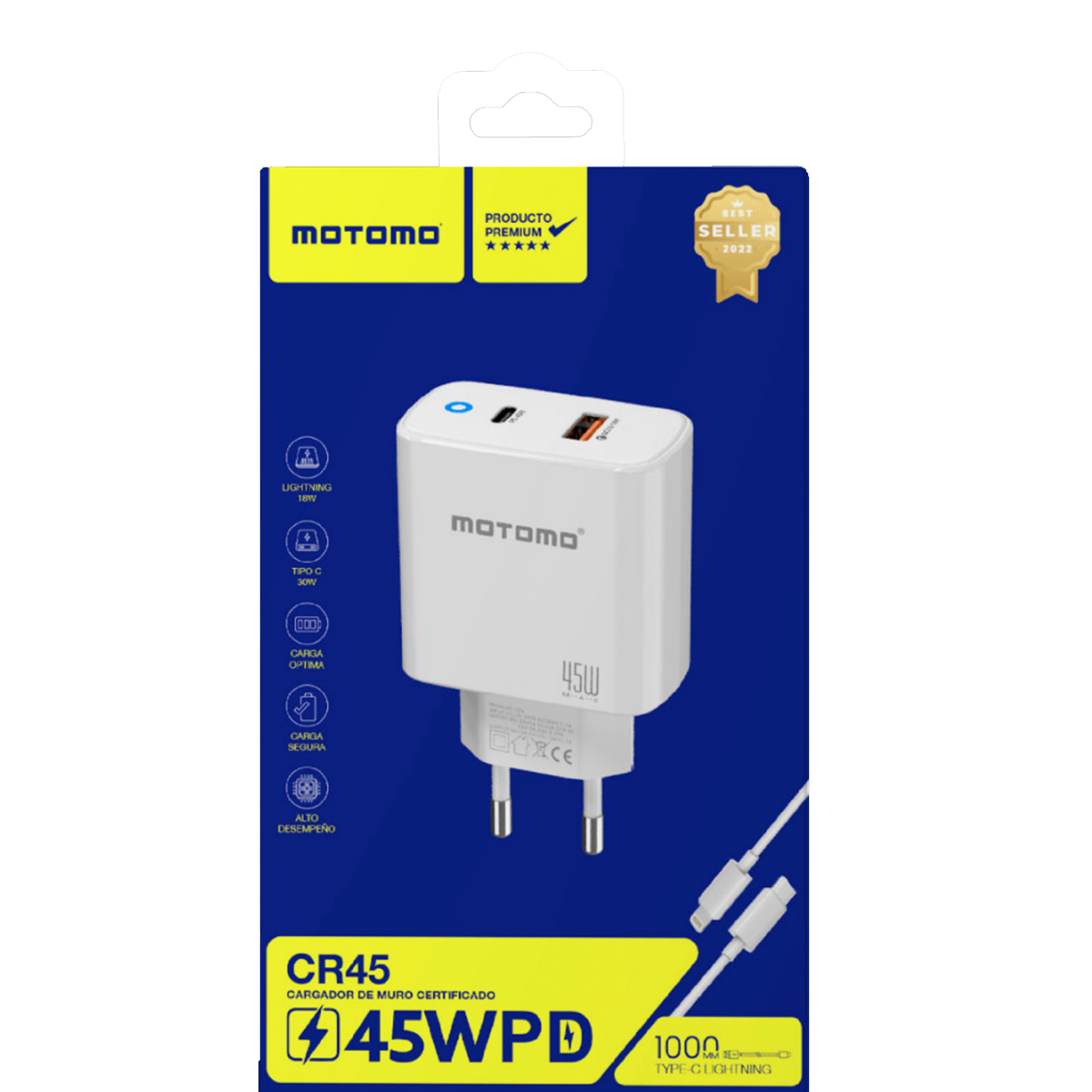 Cargador Rápido Motomo Cr45 Qc+Pd 45w + Cable Tipo C Blanco