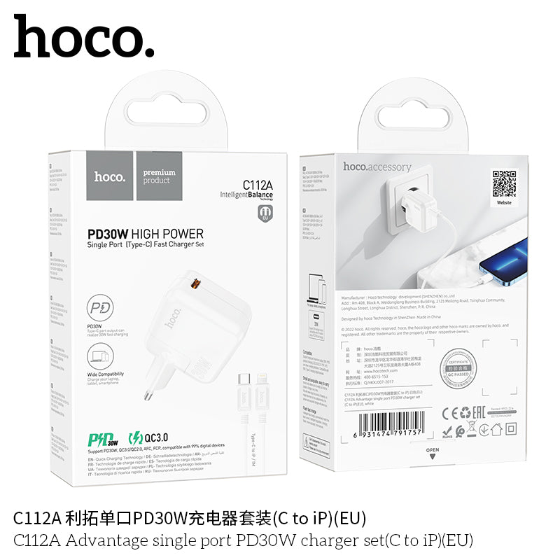 Cargador Hoco C112a 30w + Cable Tipo C a Lightning Blanco – imagen 2