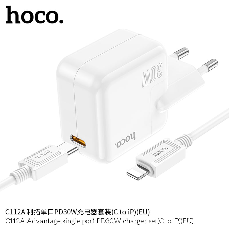 Cargador Hoco C112a 30w + Cable Tipo C a Lightning Blanco – imagen 3