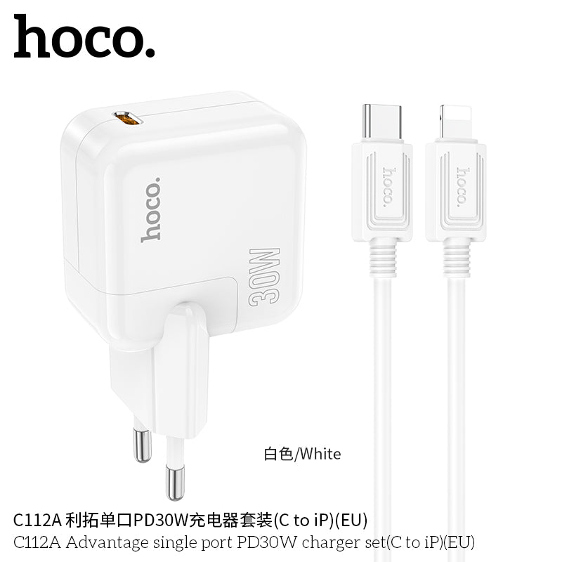Cargador Hoco C112a 30w + Cable Tipo C a Lightning Blanco – imagen 4