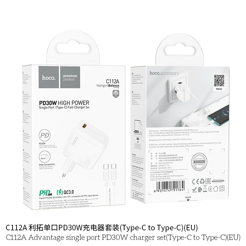 Cargador Hoco C112a 30w Carga Rapida + Cable Tipo C Blanco – imagen 2