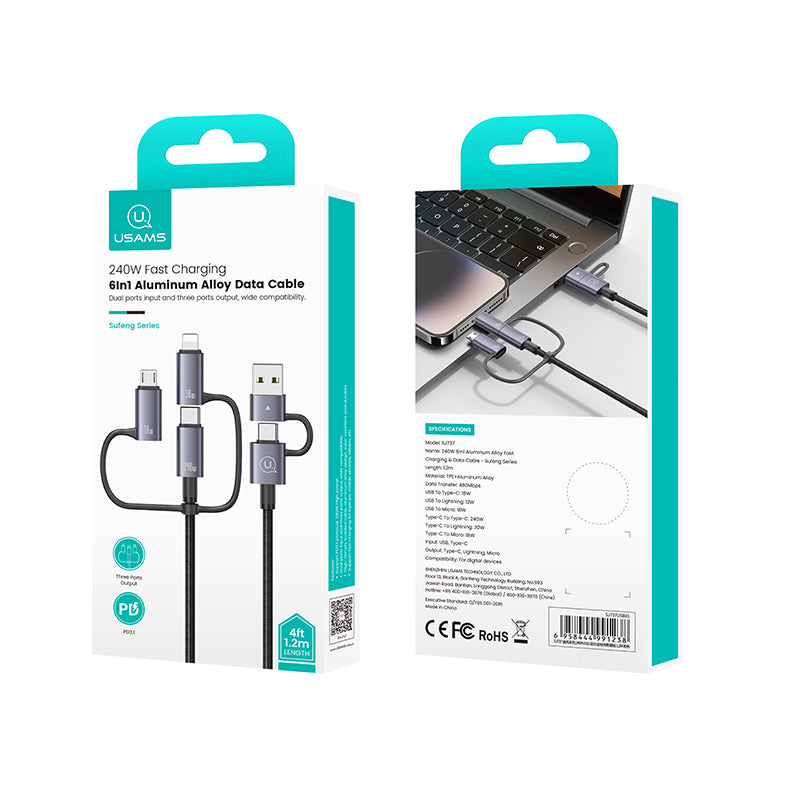 Cable 6 en 1 Usams Sj737 Trenzado 240w 1,2 Metros Negro – imagen 3