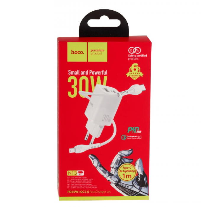Cargador Hoco N13 30w Carga Rapida QC3.0 + Cable Tipo C Blanco – imagen 2