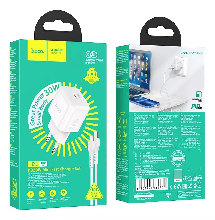 Cargador Carga Rapida Hoco N32 30w + Cable Tipo C a Lightning – imagen 2