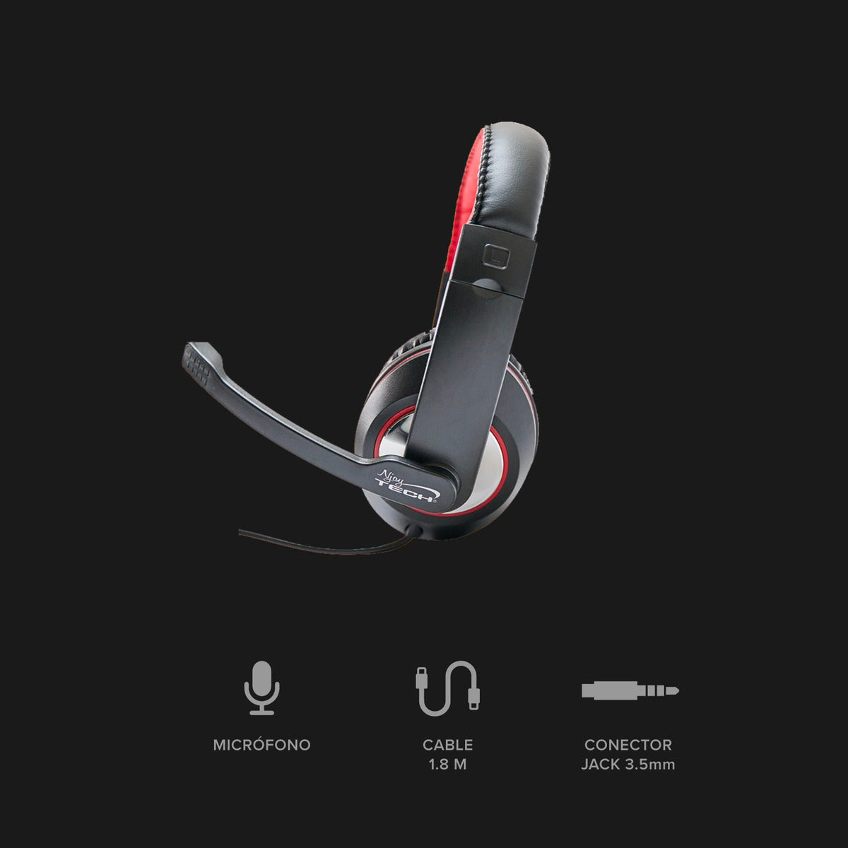 Audifonos Gamer Njoytech C/mic. Jack 3.5 De 4pines Audio+voz Negro Rojo – imagen 5