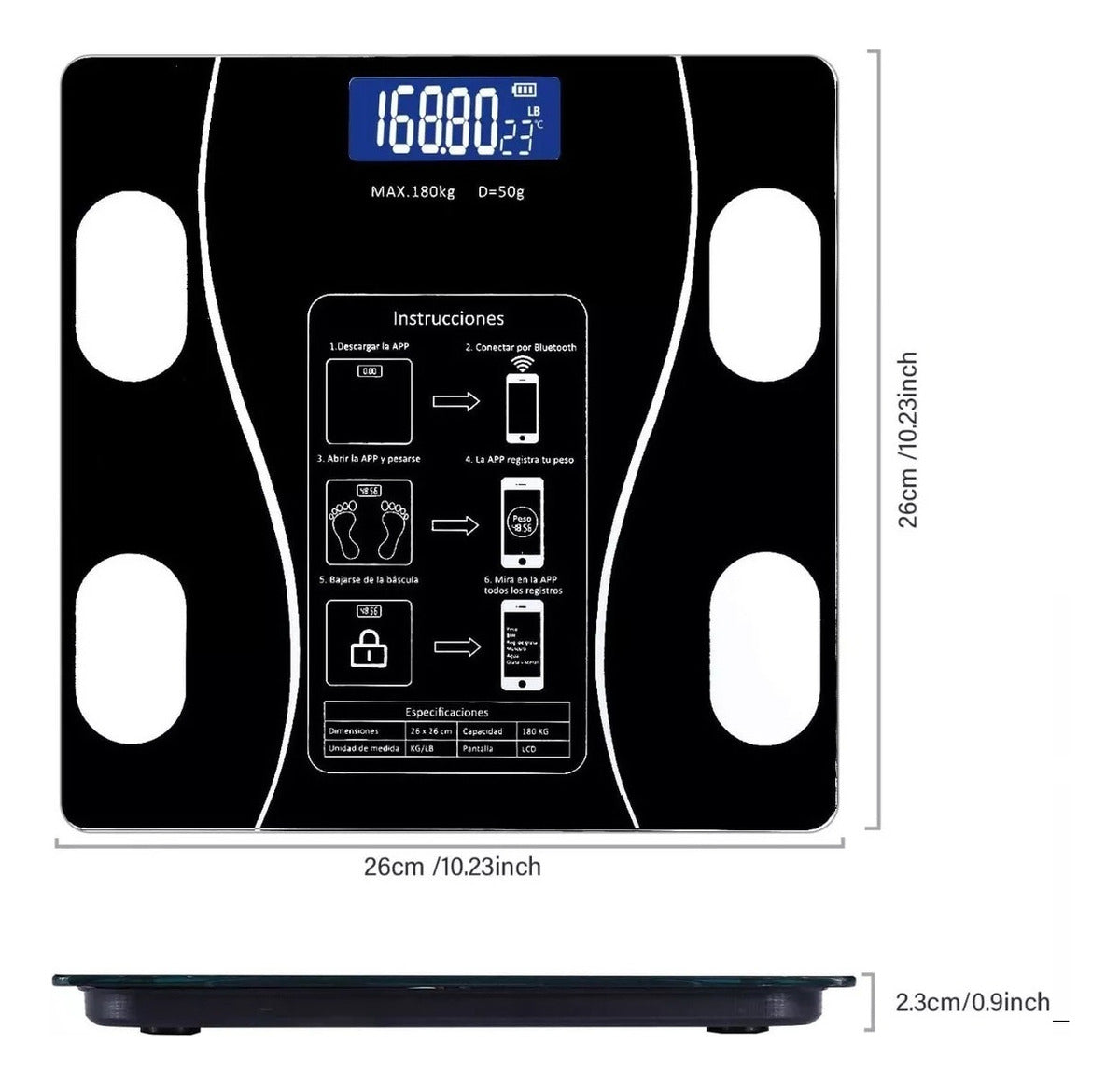 Pesa Digital De Baño Inteligente Recargable Bluetooth App Negro – imagen 2