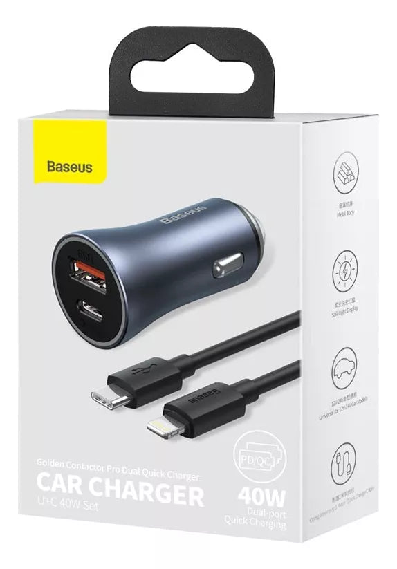Cargador De Auto Baseus Dual QC 3.0 40w + Cable Usb Lightning – imagen 3
