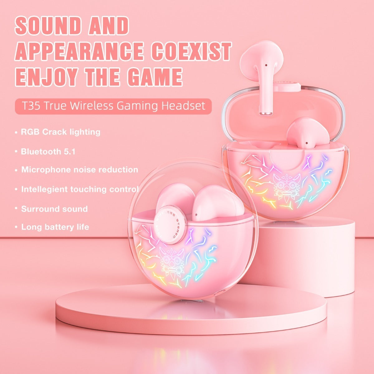 Audifonos Bluetooth In Ear Tws Onikuma T35 Rosado – imagen 2