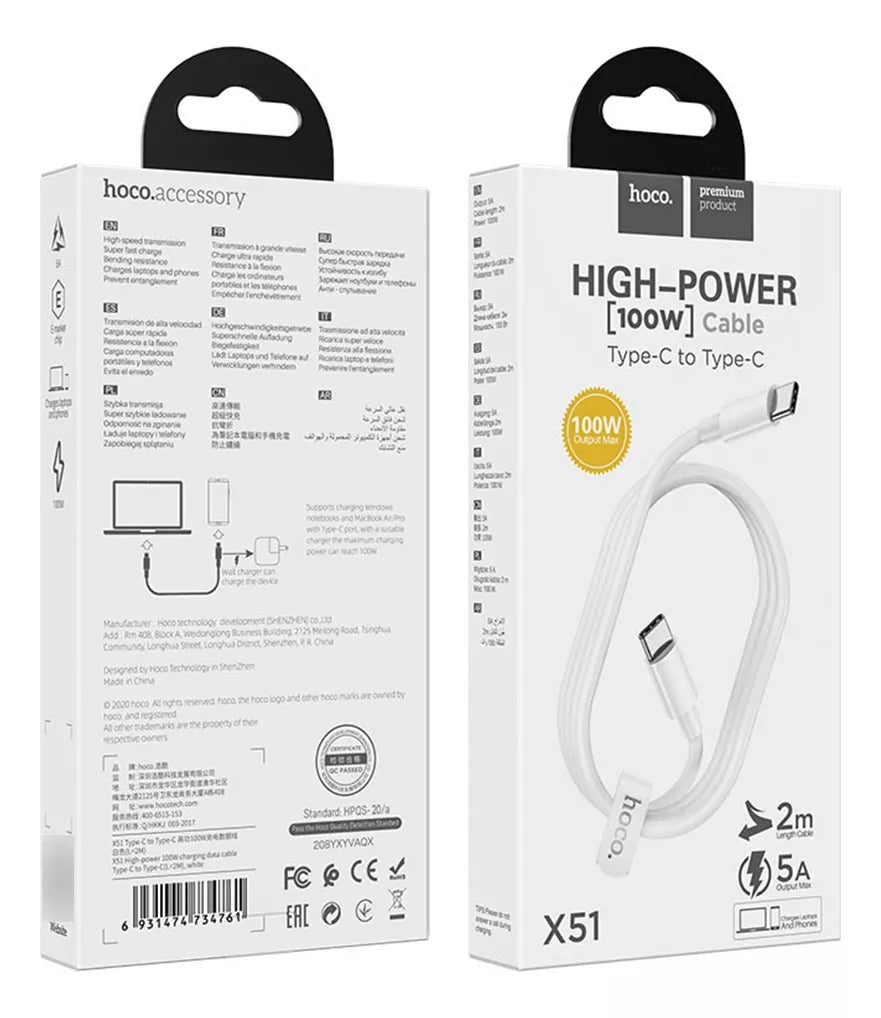 Cable Hoco X51 Tipo C a Tipo C 100w 1 Metro Blanco – imagen 4