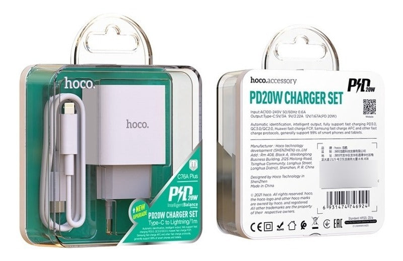 Cargador Hoco C76a Plus 20w Carga Rapida + Cable Tipo C Lightning Blanco – imagen 2