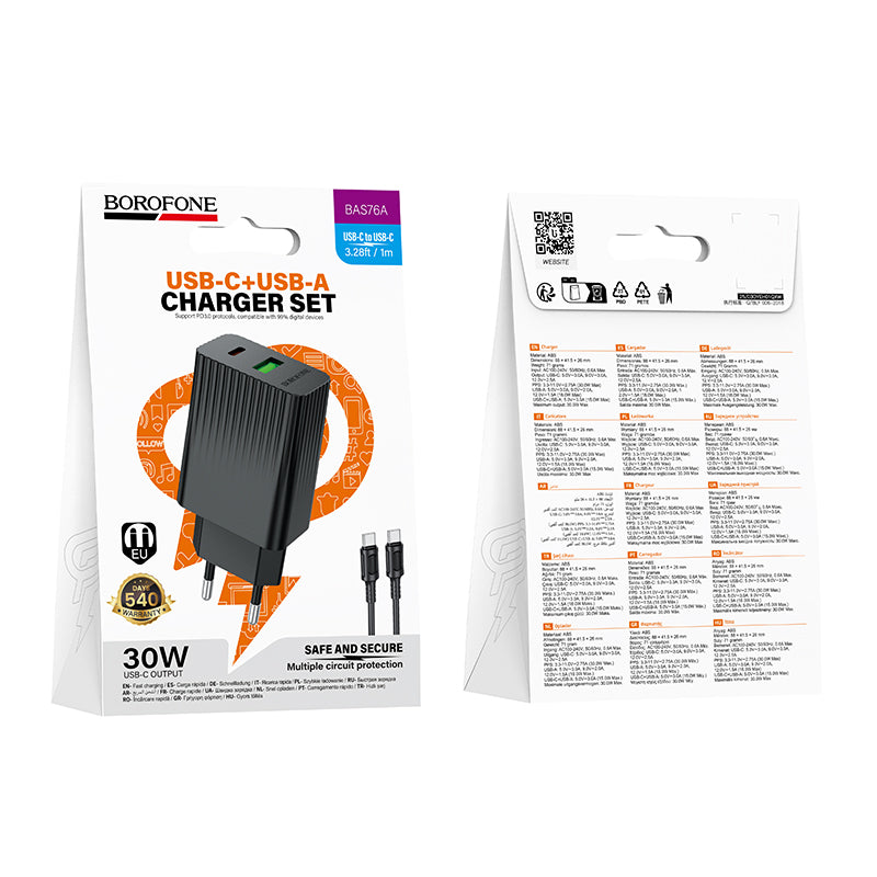 Cargador Borofone Ba76a 30w Qc 3.0 + Tipo C a Tipo C Negro – imagen 3