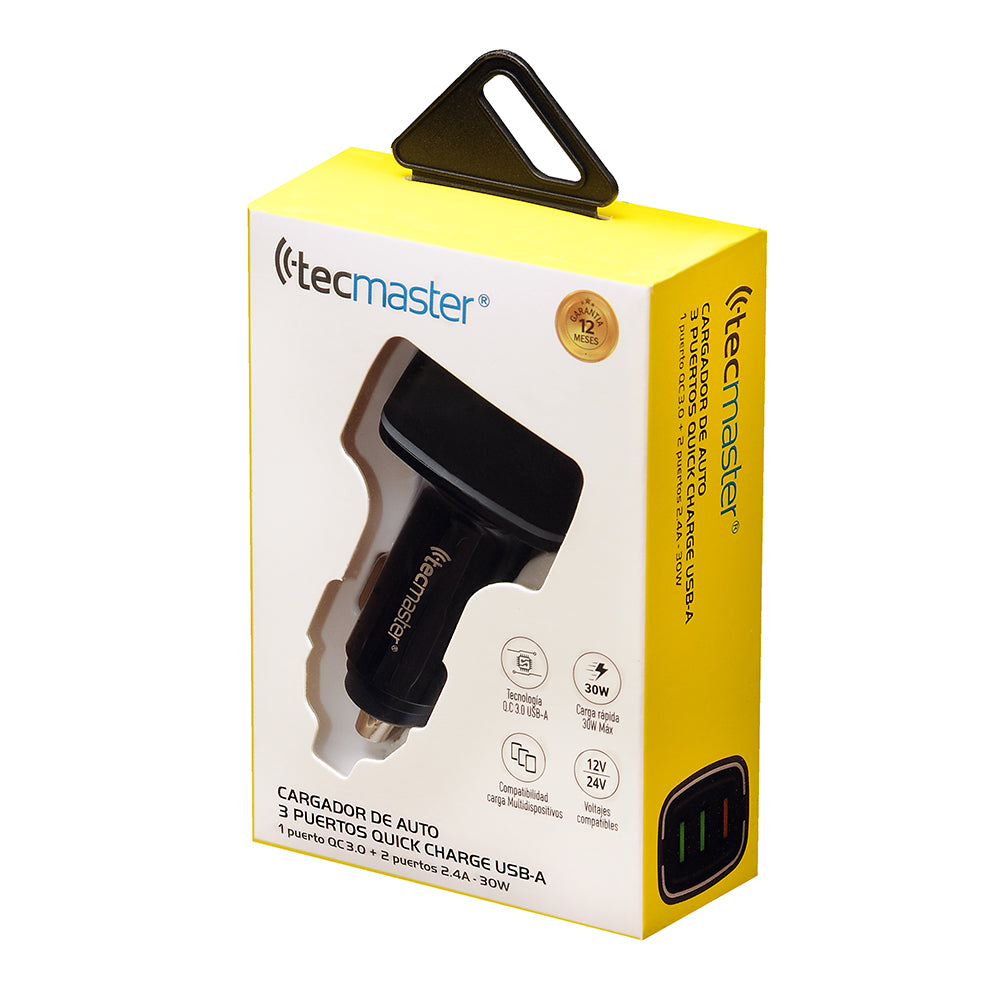 Cargador de Auto 3 Usb 1 QC3.0 + 2 x 2.4A 30W Negro – imagen 3