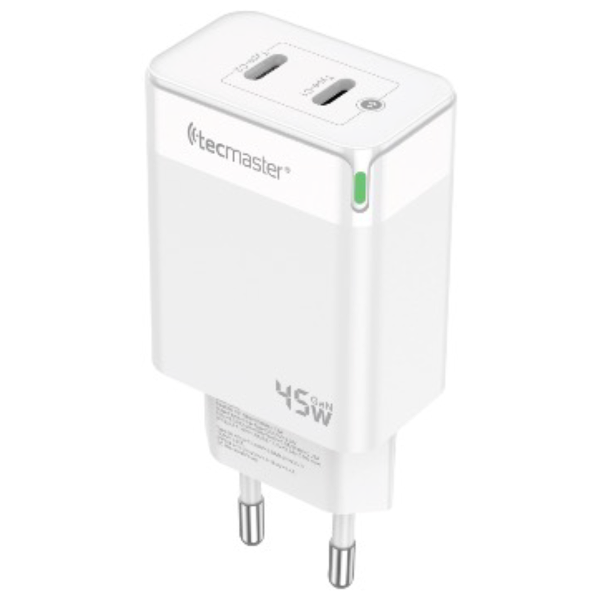 Cargador Tecmaster 45w Dual Tipo C y Tipo C QC3.0 Blanco