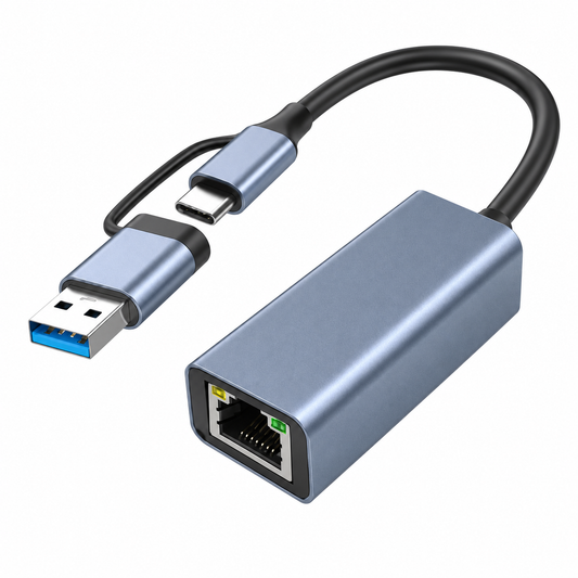 Adaptador Hub Birlink 2 en 1 Tipo C Usb a RJ45 Gris