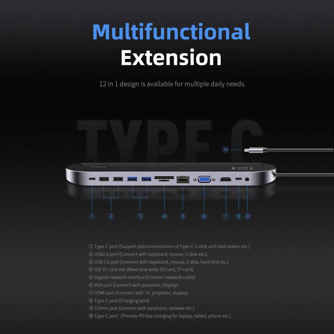Adaptador Hub Usb Tipo C 12 Puertos en 1 Macbook Pc Rock – imagen 3