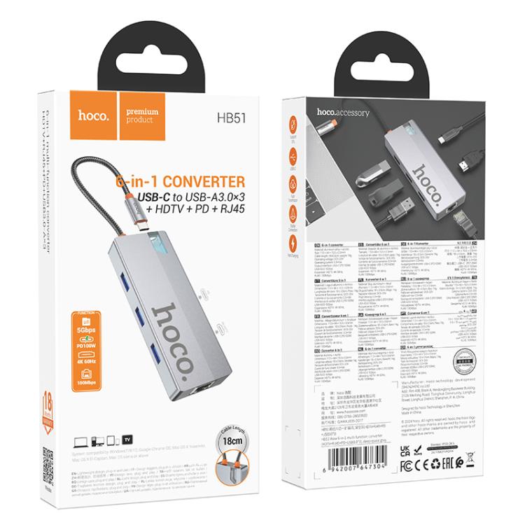 Adaptador Hub Hoco Hb51 Tipo C 6 en 1 Hdmi Usb Rj45 Gris – imagen 2
