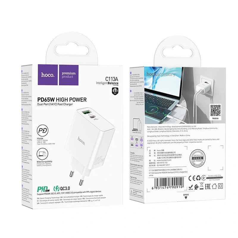 Cargador Hoco C113a 65w Carga Rapida Blanco – imagen 3
