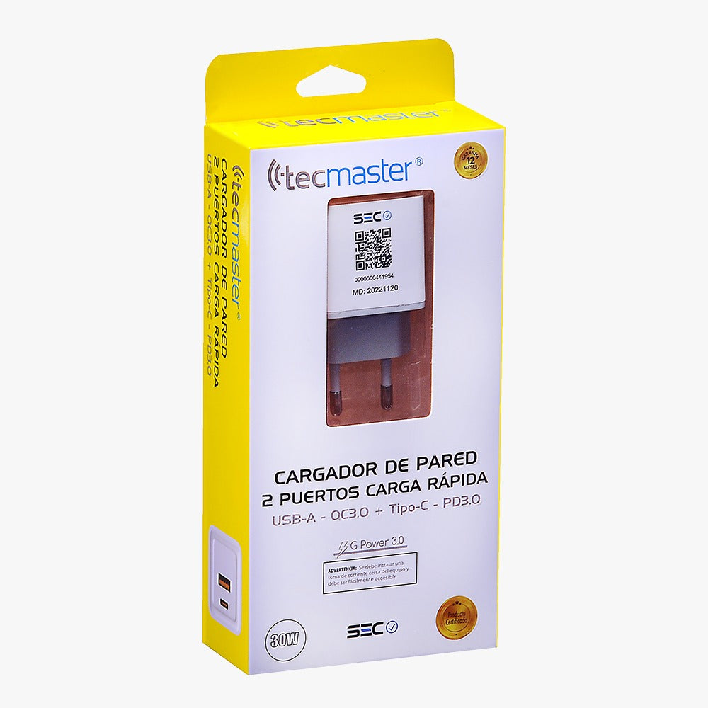 Cargador Tecmaster 30w Carga Rapida QC3.0 2 Puertos Blanco – imagen 6