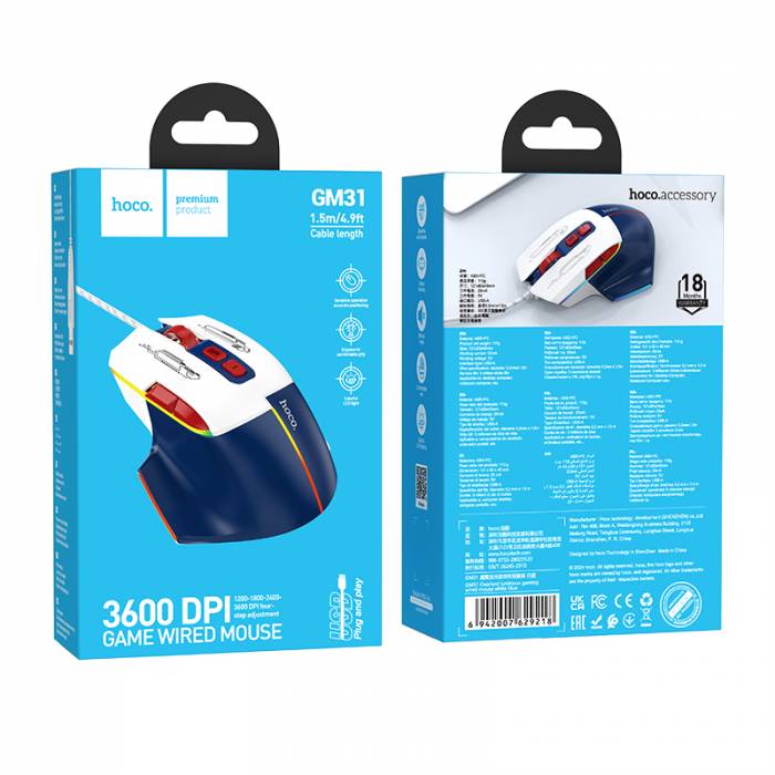 Mouse Gamer Hoco Con Cable Gm31 3600 Dpi Azul – imagen 4