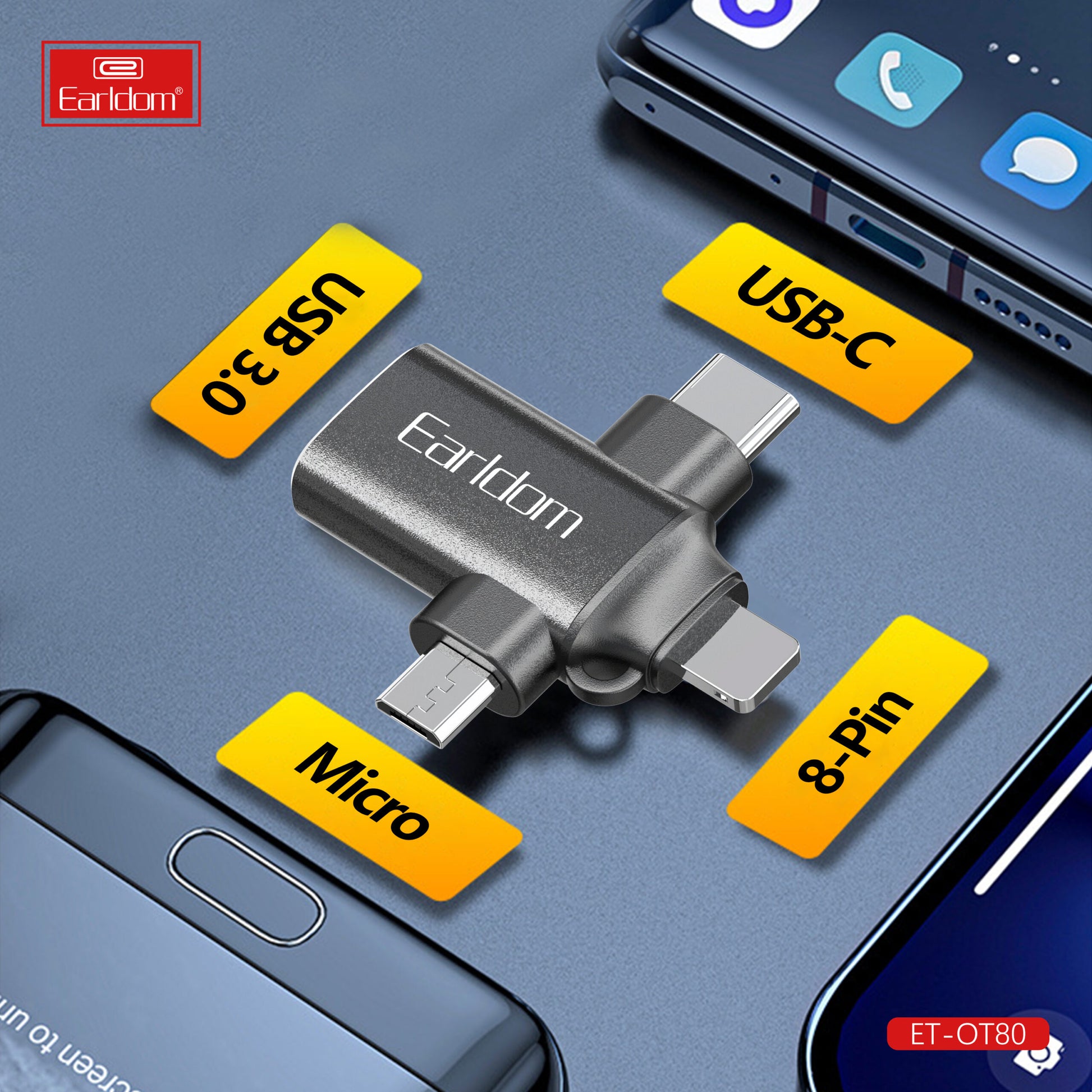 Adaptador Usb 3.0 Micro Usb Lightning Tipo C 3 en 1 Otg Earldom Negro – imagen 3
