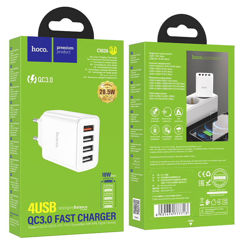 Cargador Hoco C102A 18w Carga Rapida QC3.0 4 Puertos Blanco – imagen 2