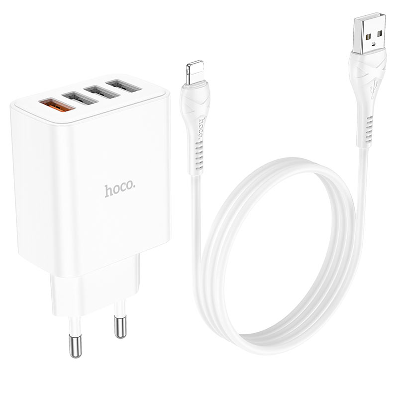Cargador Hoco C102A 18w QC3.0 4 Puertos + Cable Lightning Blanco – imagen 2