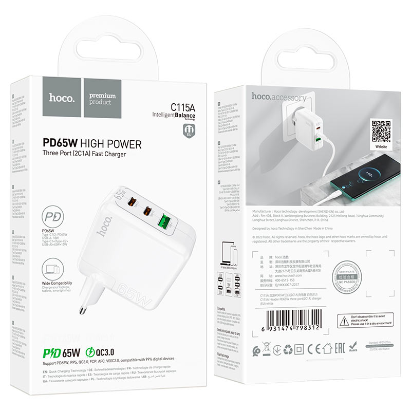 Cargador Hoco C115a 65w 1 Puerto Usb 2 Tipo C Blanco – imagen 3