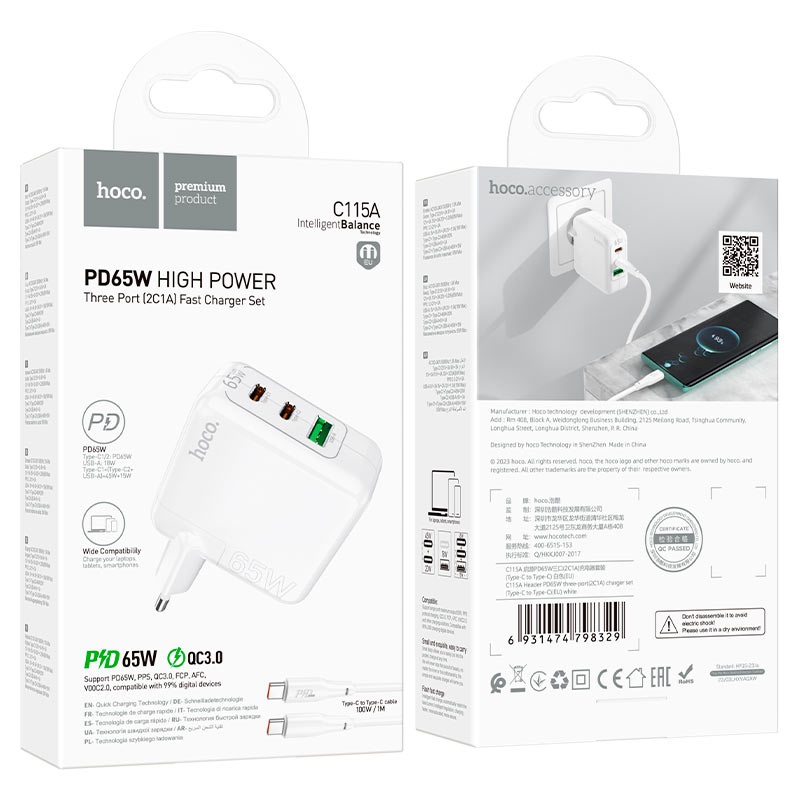 Cargador Hoco C115a 65w 1 Puerto Usb 2 Tipo C + Cable Tipo C – imagen 2