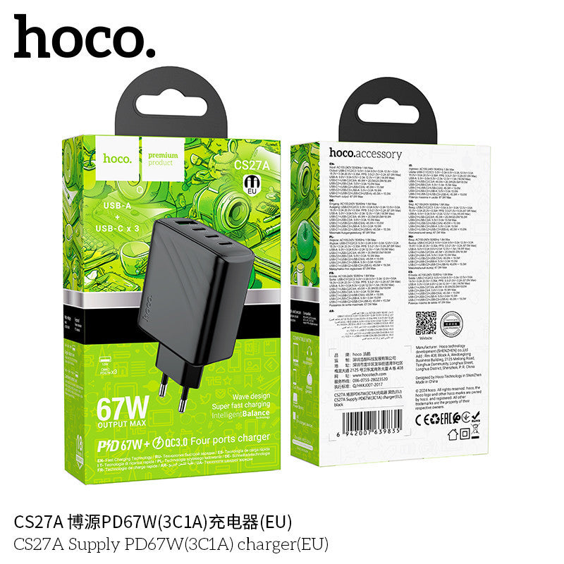 Cargador Rápido Hoco CS27A 67W con 3 Puertos USB-C y 1 USB-A Negro - vista 3