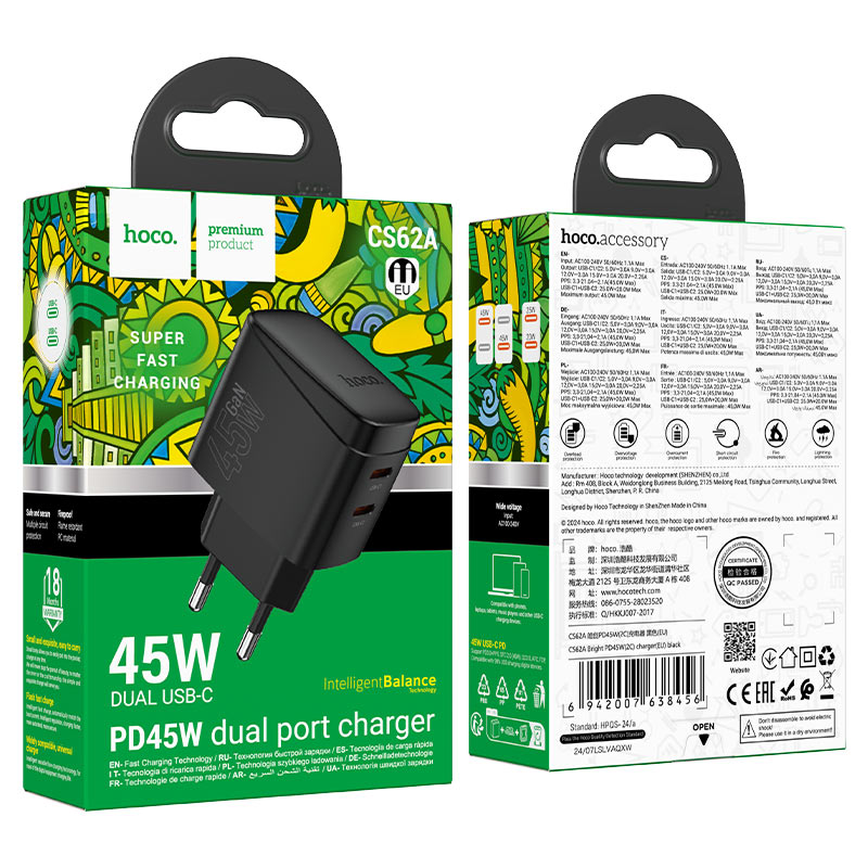 Cargador Carga Rapida Hoco Cs62a 45w Tipo C Negro – imagen 3