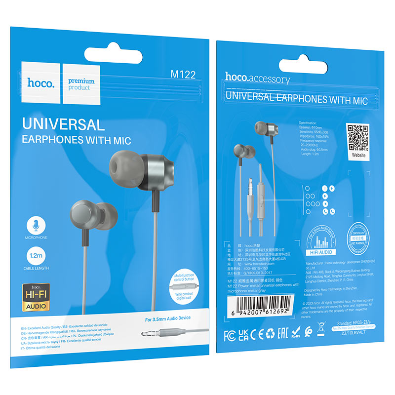 Audífonos In Ear Hoco M122 3.5mm Power Metal Gris – imagen 2