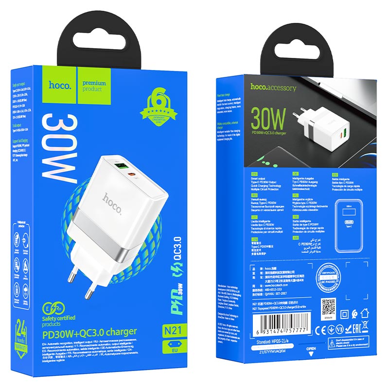 Cargador Hoco N21 30w Carga Rapida Dual Blanco – imagen 3