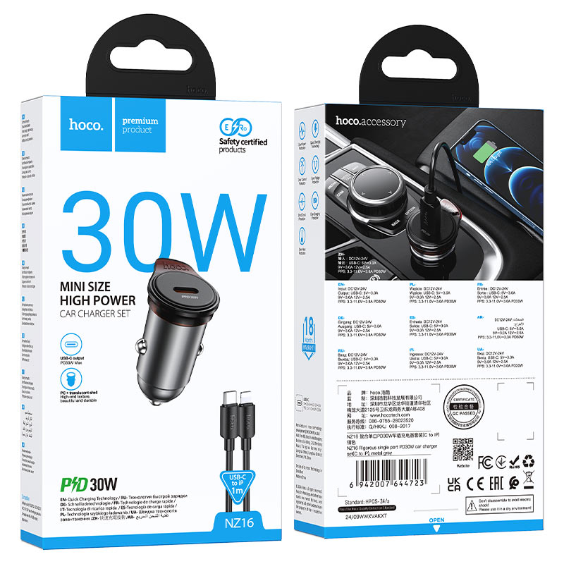 Cargador De Auto Tipo C Hoco Nz16 30w + Cable Para Lightning – imagen 2