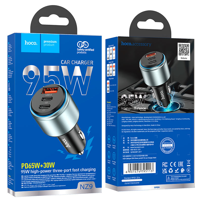 Cargador De Auto Hoco Nz9 95w Triple Puerto Usb 2 Tipo C Negro – imagen 3