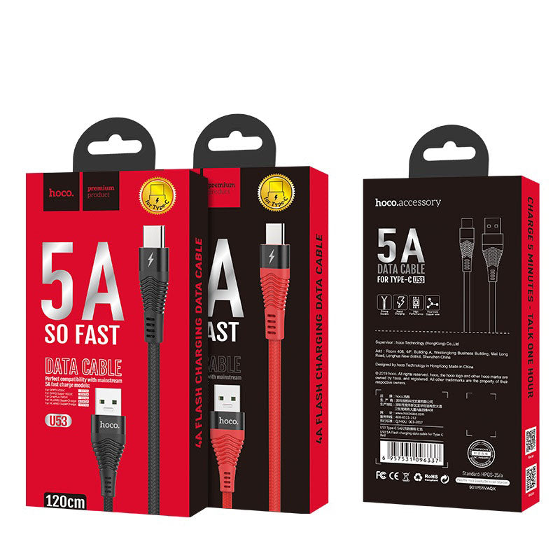 Cable Hoco Usb a Tipo C U53 Carga Rapida 5a Negro – imagen 4