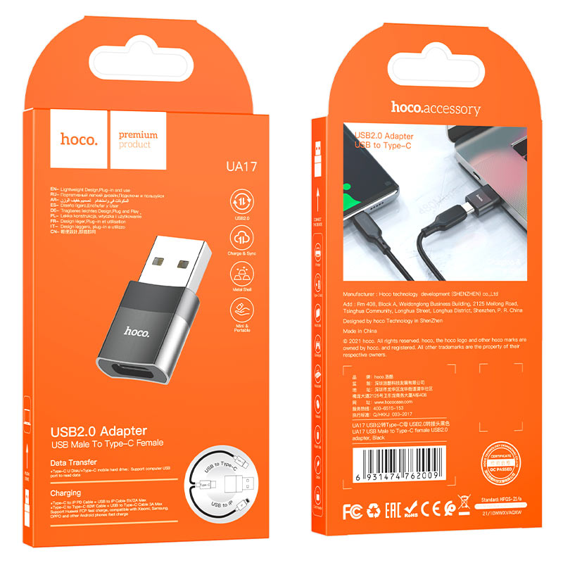 Adaptador Usb a Tipo C Hoco Ua17 Negro – imagen 3