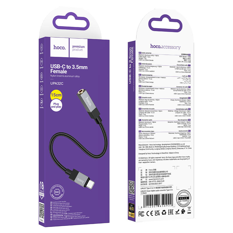 Cable Adaptador Tipo C a 3.5mm Trenzado Hoco Upa32c Negro – imagen 3