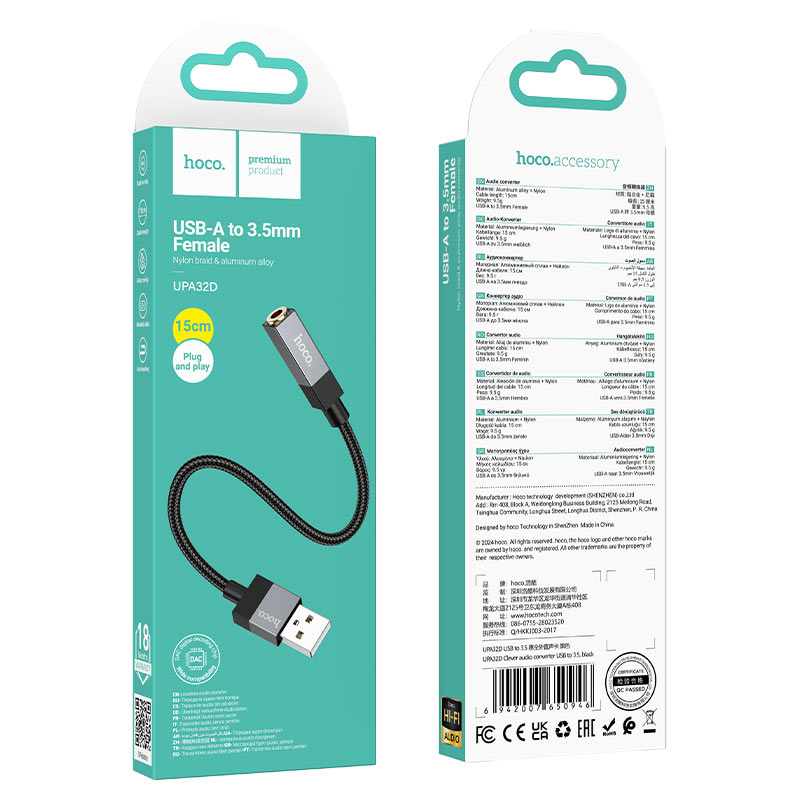 Cable Adaptador Usb a 3.5mm Trenzado Hoco Upa32d Negro – imagen 2