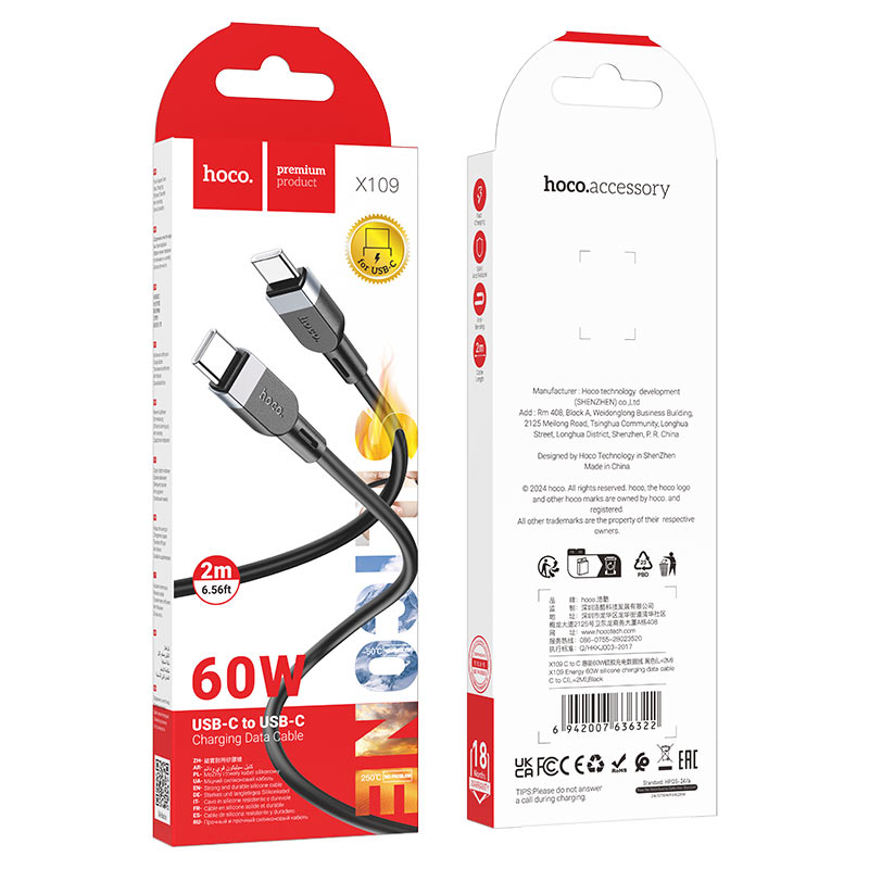 Cable Tipo C a Tipo C Hoco X109 2 Metro 60w Negro – imagen 3