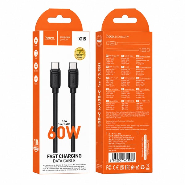 Cable Tipo C a Tipo C Hoco X115 1 Metro 60w Negro
