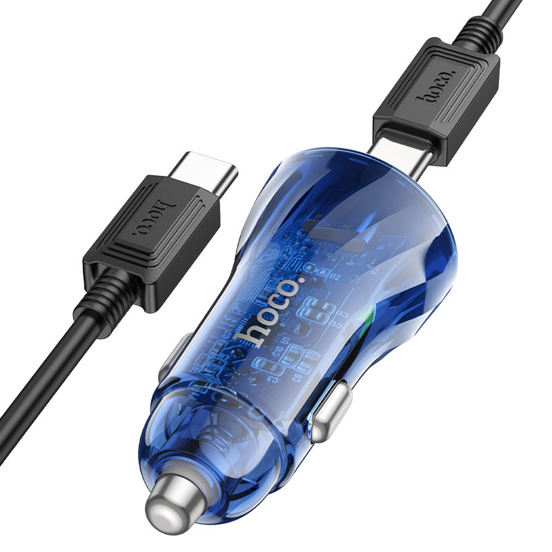 Cargador De Auto Doble Usb Tipo C Hoco Z47a Azul + Cable Tipo C