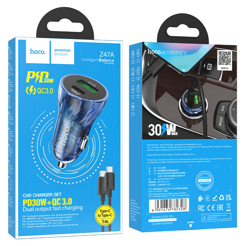 Cargador De Auto Doble Usb Tipo C Hoco Z47a Azul + Cable Tipo C – imagen 2