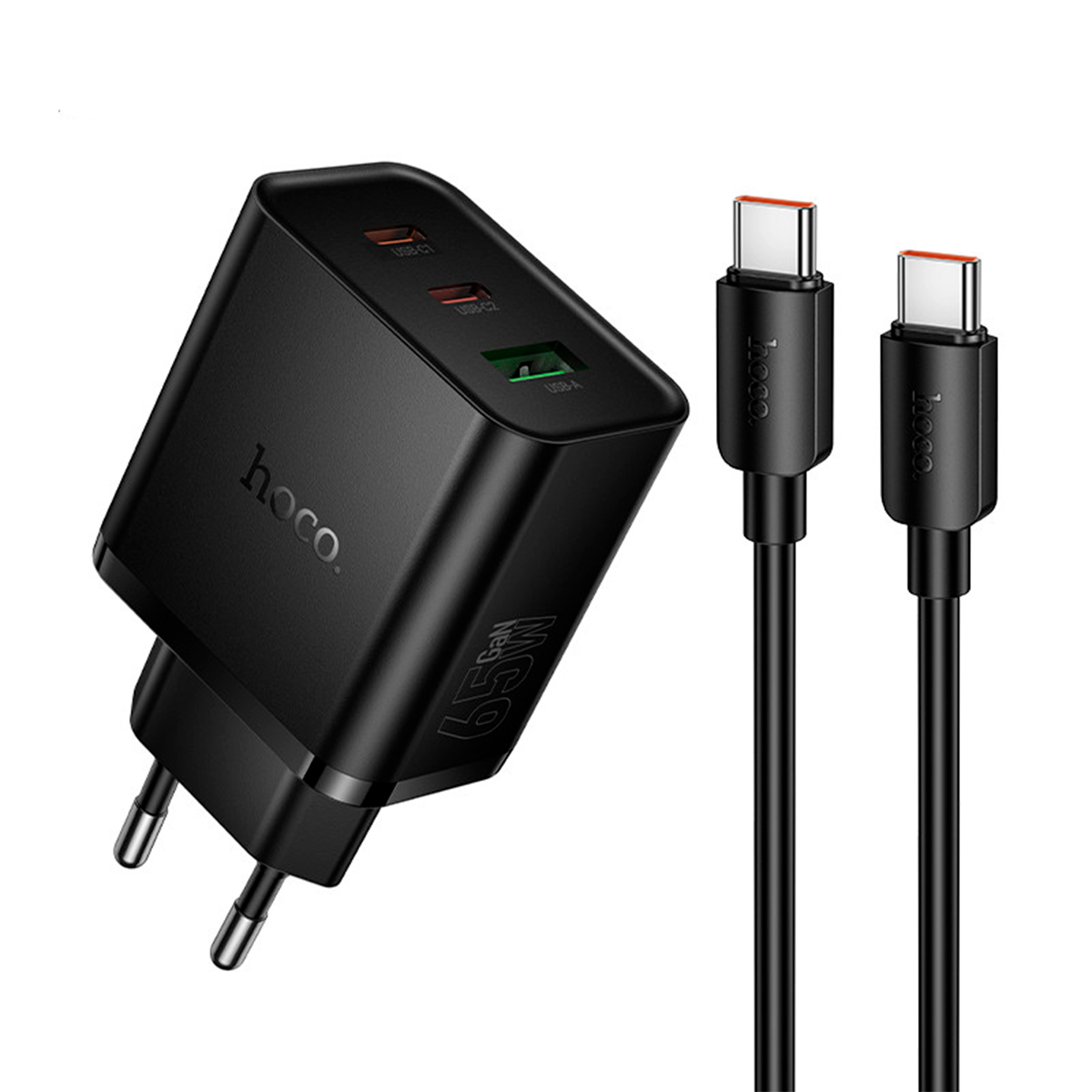 Cargador Carga Rapida Hoco N75 Triple 65w + Cable Tipo C Negro