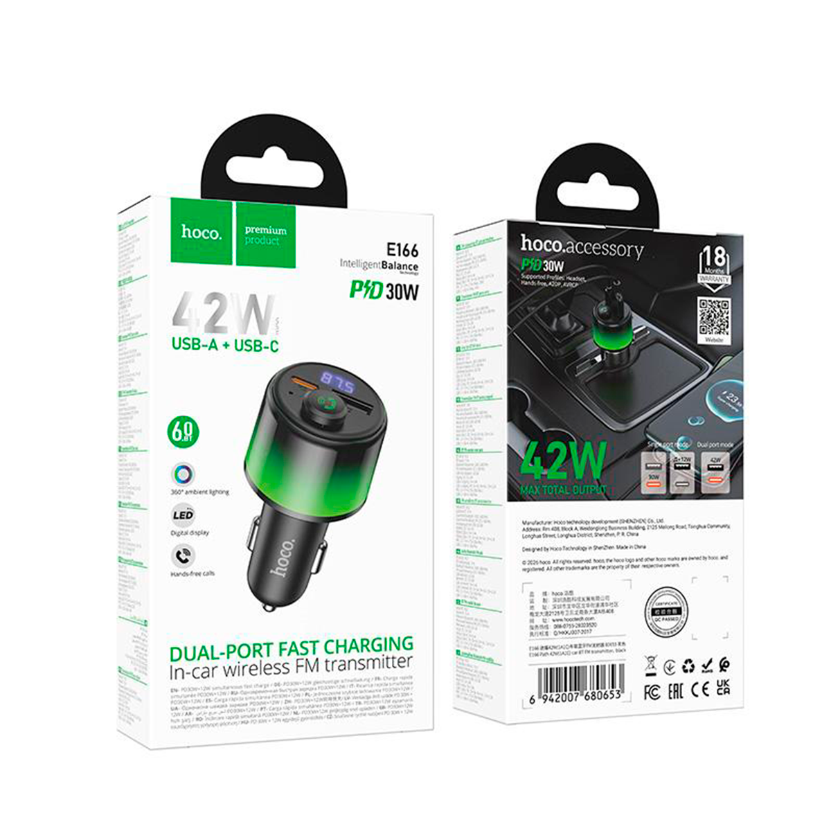 Cargador de Auto Transmisor Bluetooth Hoco E166 42W Negro
