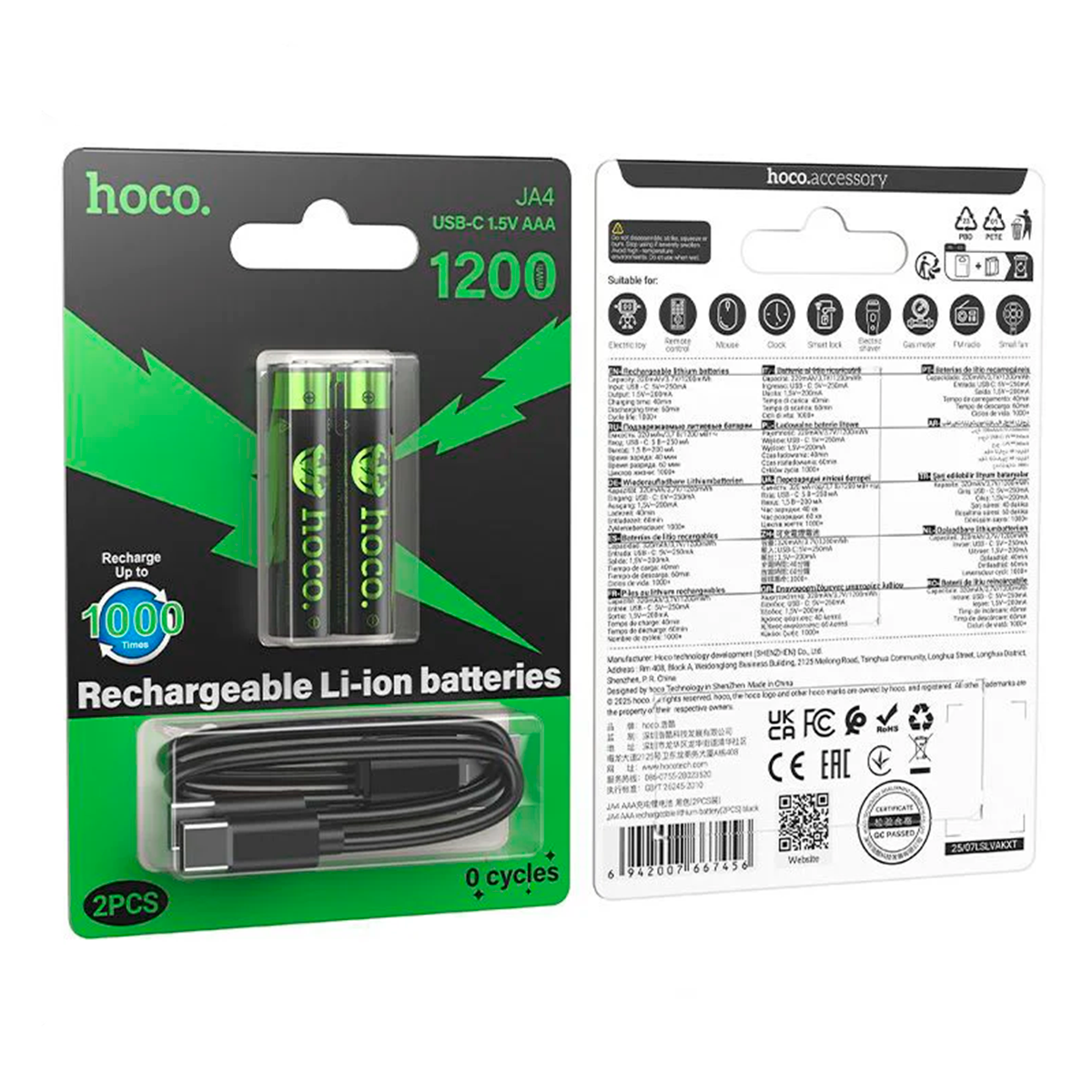 Pack 2 Pilas Recargables AAA Hoco Ja3 Tipo C + Cable Dual Negro