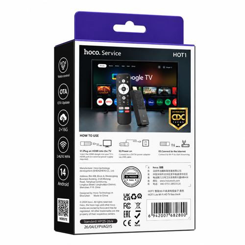 Hoco Hot1 Wifi HD TV Box 4K Android 14 Negro