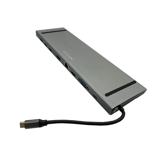 Adaptador Hub 10 en 1 Tipo C Usb 3.0x3 Aux Hdmi Rj45 Vga Gris
