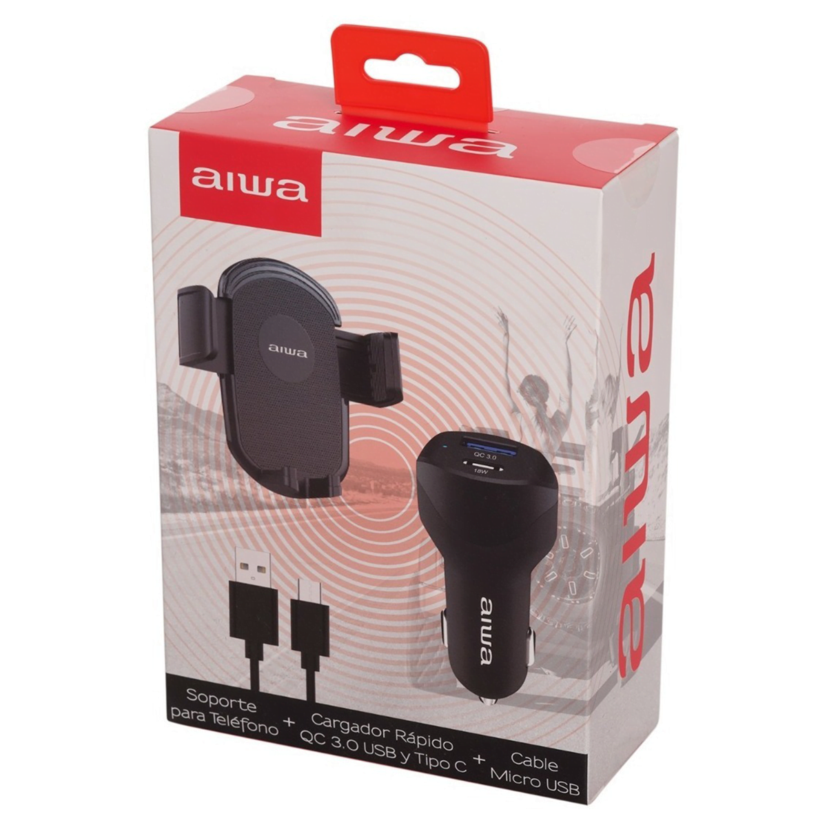 Kit Cargador Auto Aiwa Con Soporte Y Cable Aw-h73c Negro
