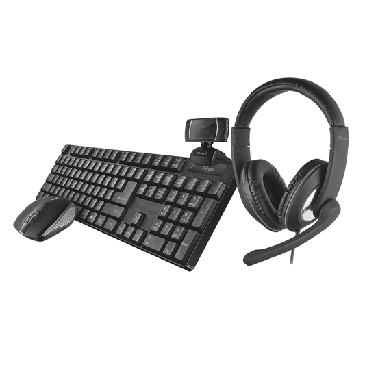 Kit Home Office 4 en 1 Trust Qoby Teclado + Mouse + Audífonos + Camara